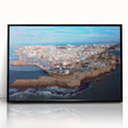 Large abstract wall art depicting a Middle Eastern scenery in muted earth tones on a framed acrylic.