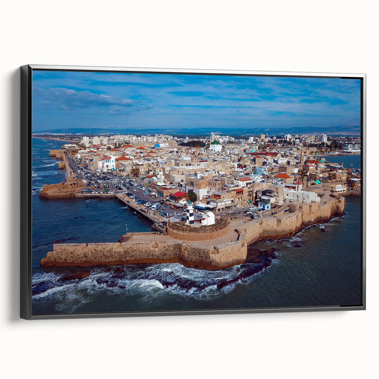 Black and white framed canvas featuring a vintage-style landscape of the Middle East, ideal for bedroom wall decor.