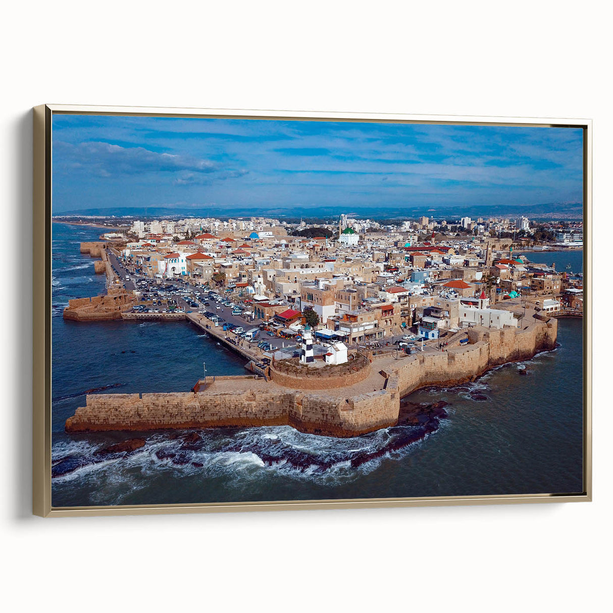 Framed canvas depicting a vintage-style landscape of the Middle East with gold and black tones, ideal for bedroom wall art.