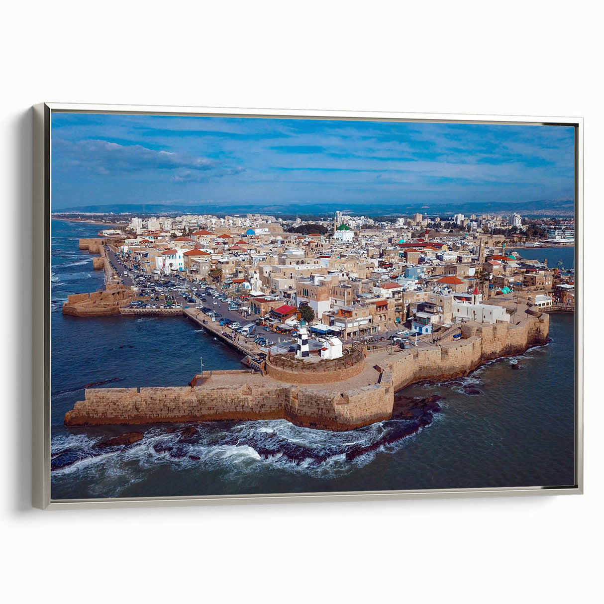 Landscape art painting of a Middle Eastern scenery in vibrant colors on a silver-framed canvas, ideal for living room decor.