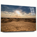 Large abstract wall art of a Middle Eastern desert scene in muted earth tones on acrylic glass.