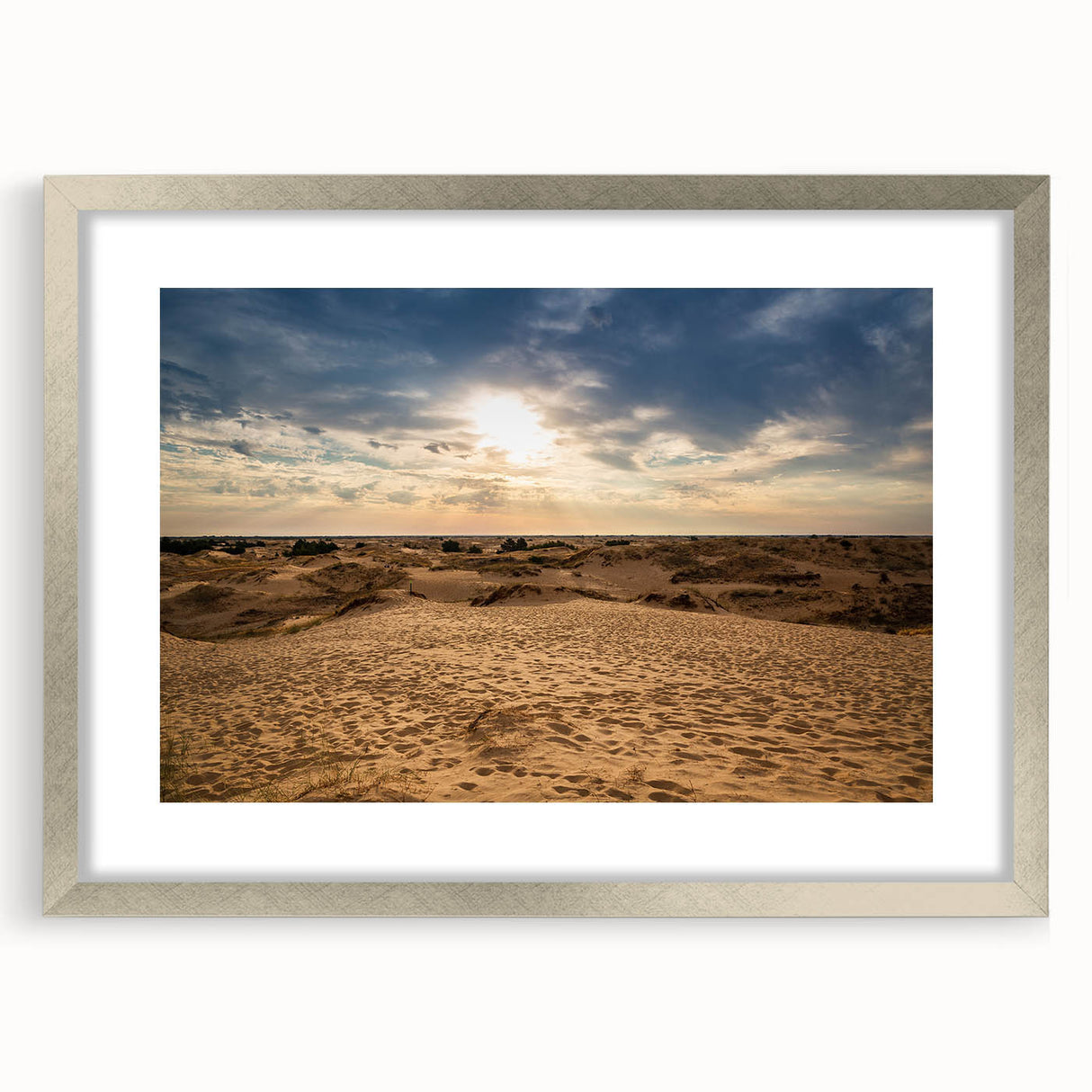 Textured abstract art print depicting Middle Eastern scenery in earthy tones on a silver-framed mat, ideal for bedroom art.