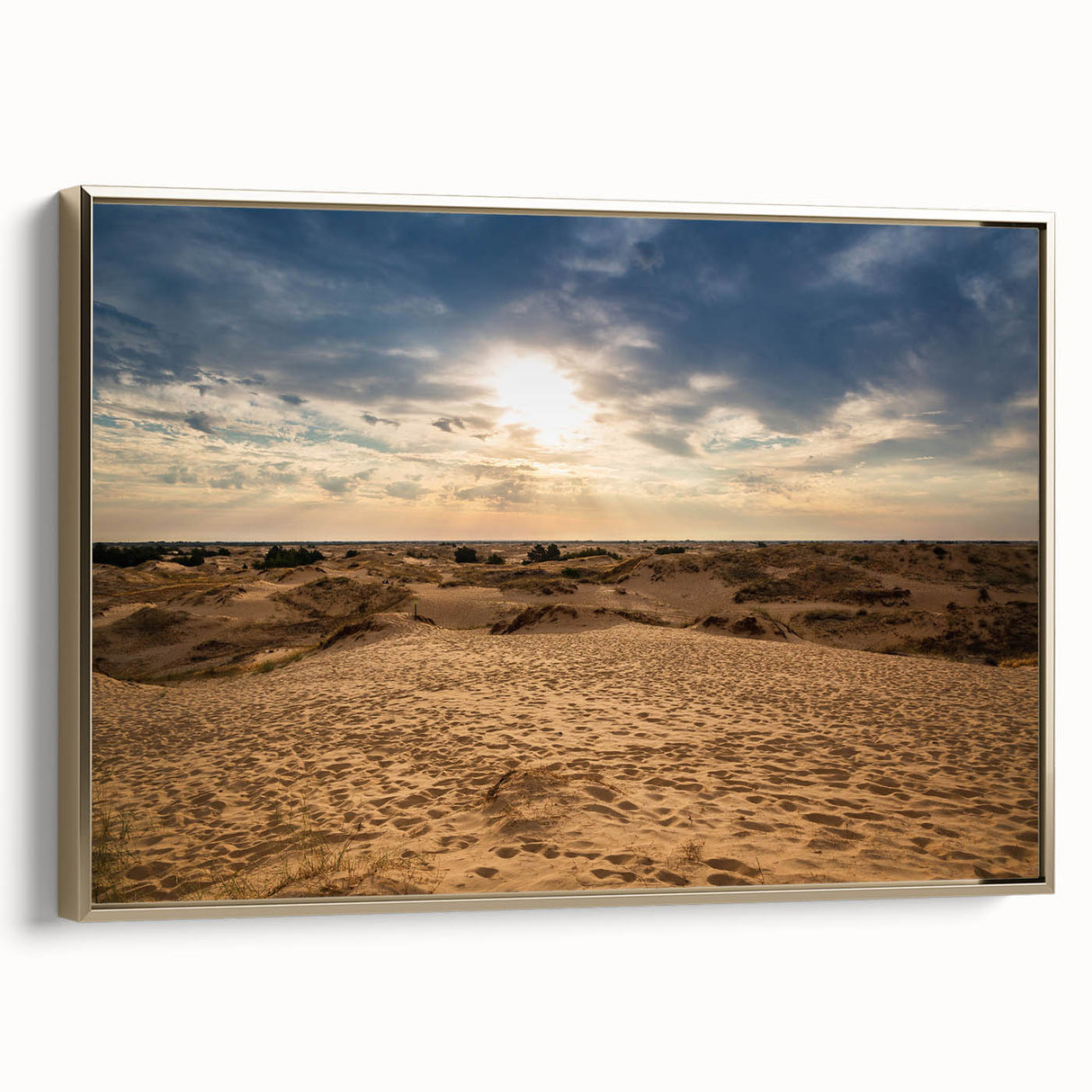Framed canvas featuring a vintage-style landscape painting of Oman with muted gold and black tones.