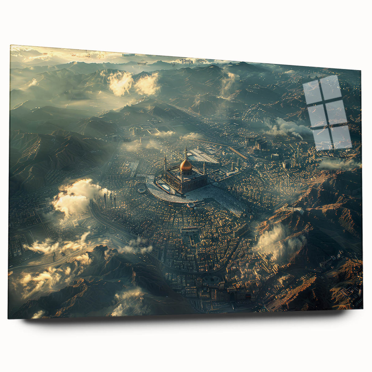 Large abstract wall art depicting a scenic Middle Eastern landscape in muted earth tones on acrylic glass.
