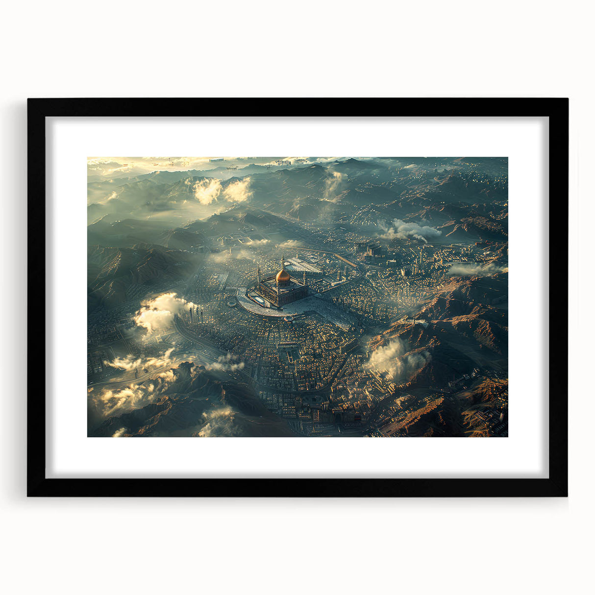 Extra large abstract art print of a colorful, textured Saudi Arabian landscape, framed in black, ideal for living room decor.