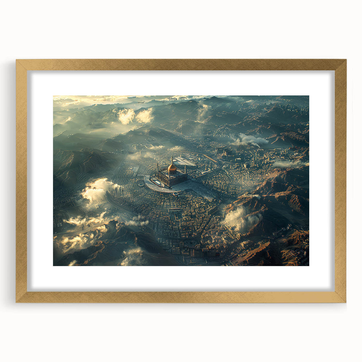 Extra large abstract art print featuring textured scenery of a Middle Eastern landscape in gold tones, framed with mat.