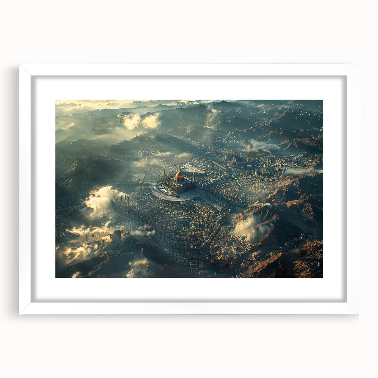 Abstract art print depicting Saudi Arabian scenery in muted earth tones, framed with a white mat.