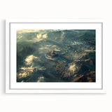 Abstract art print depicting Saudi Arabian scenery in muted earth tones, framed with a white mat.