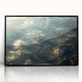 Large abstract wall art of a Saudi Arabian landscape in muted earth tones, framed in black acrylic.