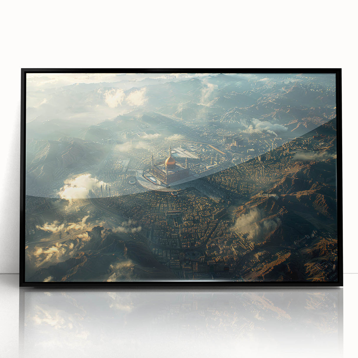 Large abstract wall art of a Saudi Arabian landscape in muted earth tones, framed in black acrylic.
