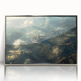 Mid-century modernist art depicting a scenic Saudi Arabian landscape in muted earth tones on a framed acrylic print.