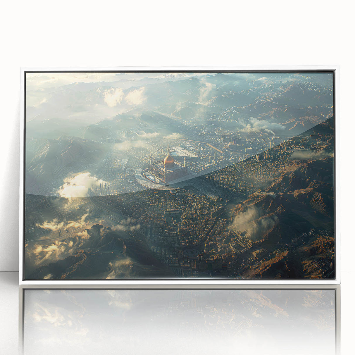 Art deco poster of a Middle Eastern landscape in muted tones on framed acrylic, ideal for modern nursery wall art.