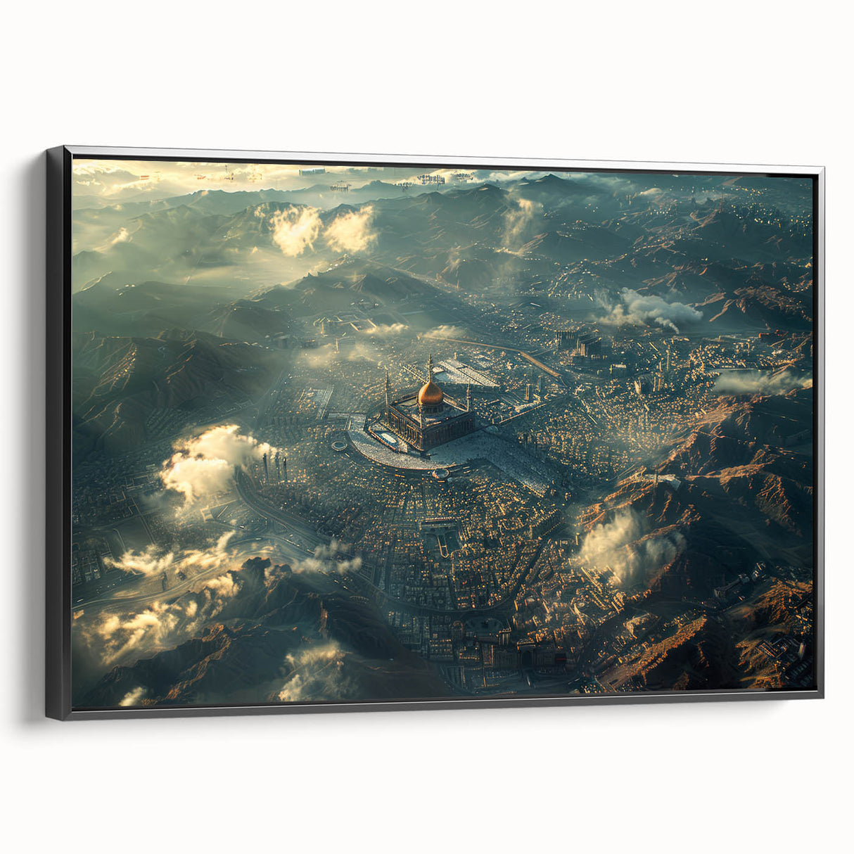 Black and white framed canvas featuring a vintage-style landscape of Saudi Arabia, ideal for bedroom wall decor.