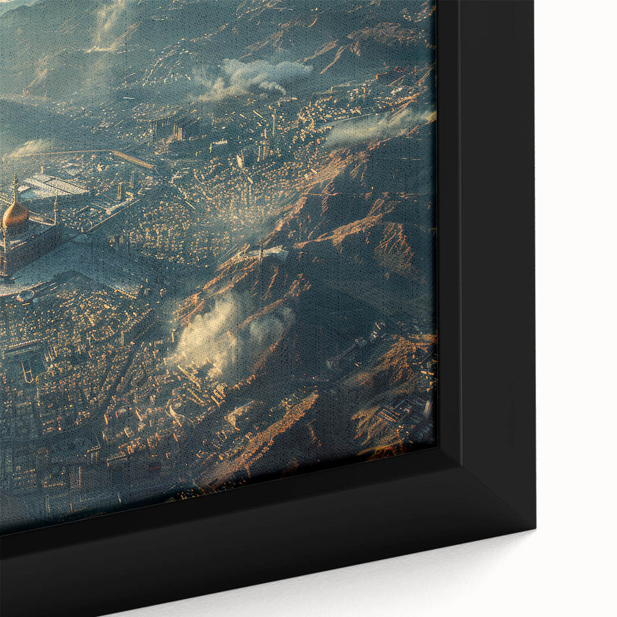 Extra large framed canvas featuring a textured black wall art of a Saudi Arabian scenery in vibrant colors.