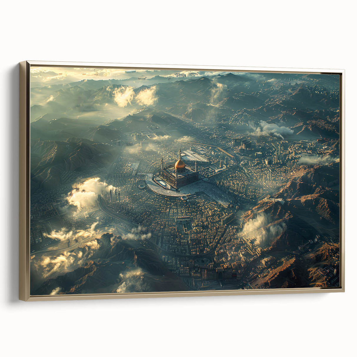 Framed canvas depicting a vintage-style Saudi Arabian landscape in muted gold and black, ideal for bedroom wall art.
