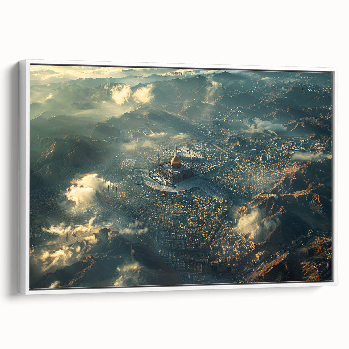 Vintage poster art of a Saudi Arabian scenery in colorful tones on a framed canvas, ideal for living room decor.