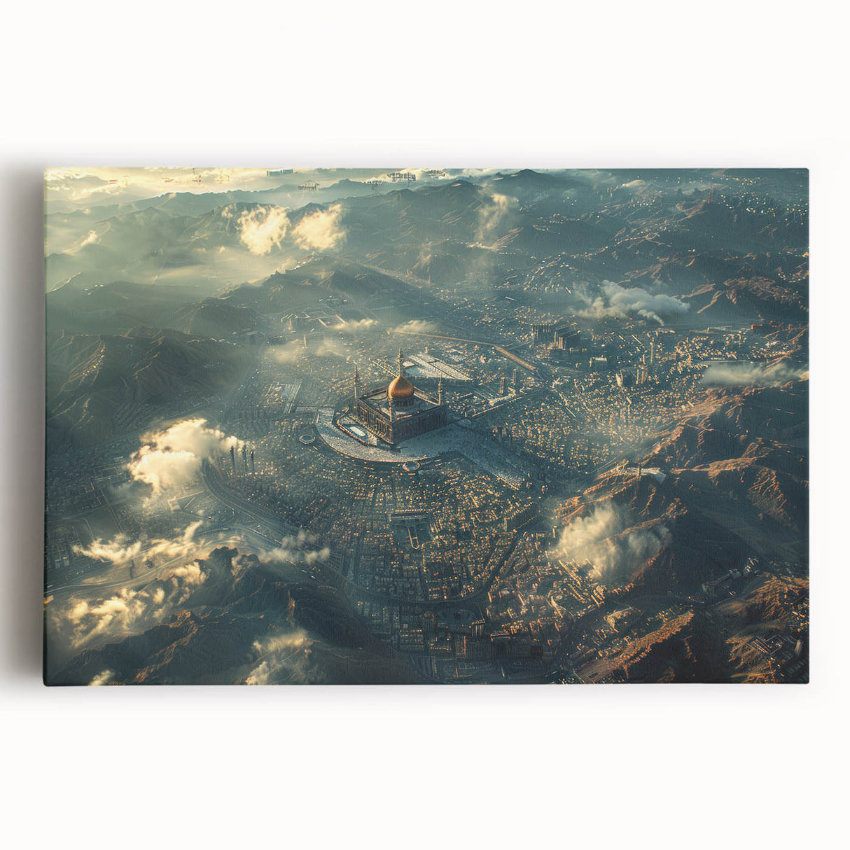 Black and white stretched canvas of a bustling Saudi Arabian market scene, ideal for kitchen wall art.