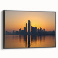 Black and white framed canvas featuring the Abu Dhabi skyline, suitable for bedroom wall art with a vintage poster style.
