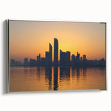Framed canvas landscape art painting of Abu Dhabi's skyline in vibrant sunset hues, ideal for office decor.