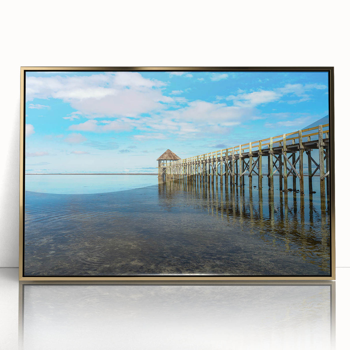 Framed acrylic print of a serene Fiji beach scene in soft pastel tones, ideal for nursery wall art.