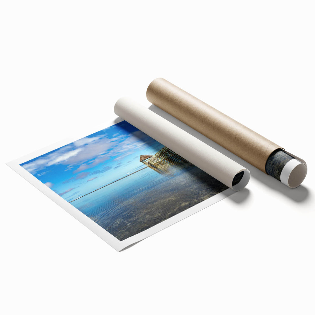 Extra large rolled print of a serene Fiji ocean scene with lush floral elements, ideal for classy bathroom wall art.