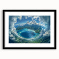 Abstract art print of French Polynesia scenery in vibrant blue and green hues on a large textured canvas.