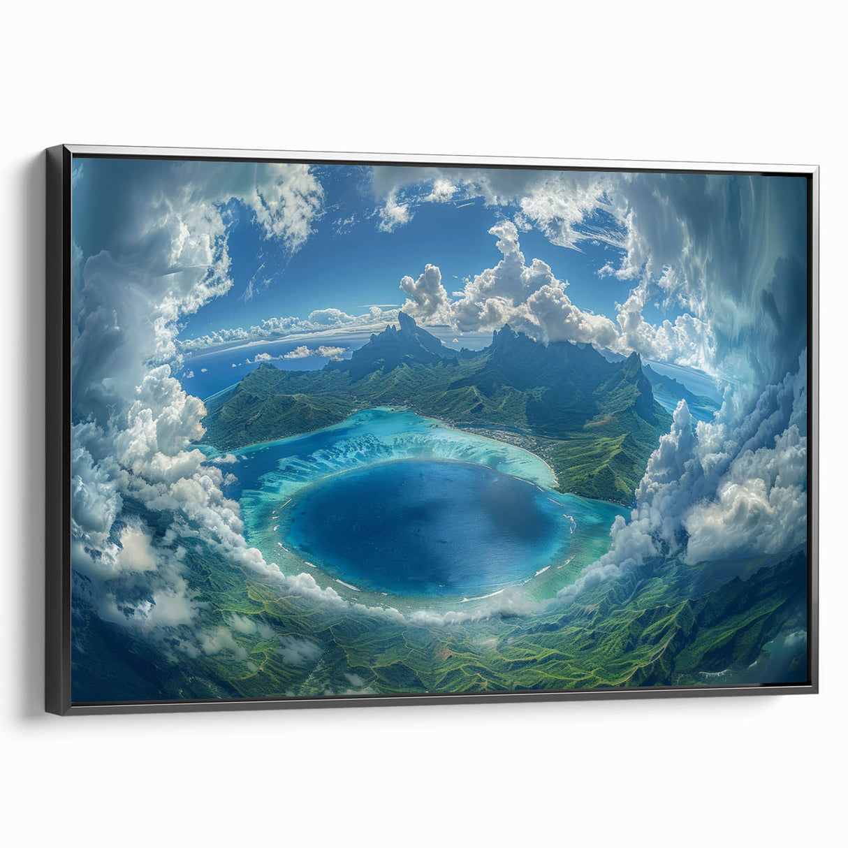Black and white framed canvas of a serene Bora Bora landscape, ideal for bedroom wall art.