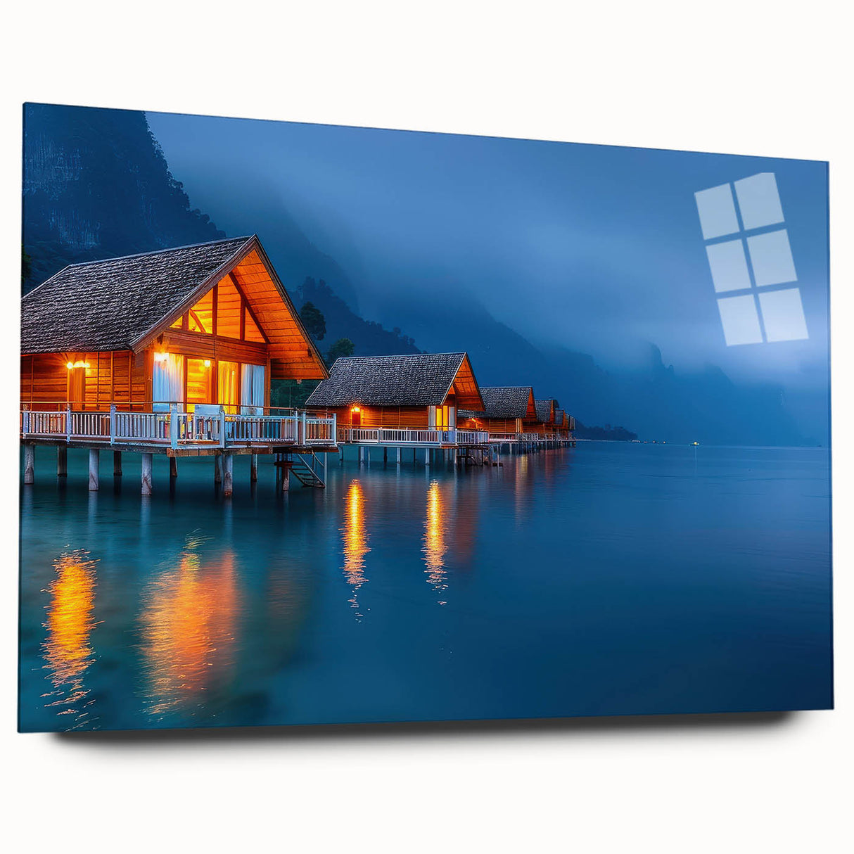 Large abstract art print of a serene Tahitian landscape in blues and greens, acrylic glass.