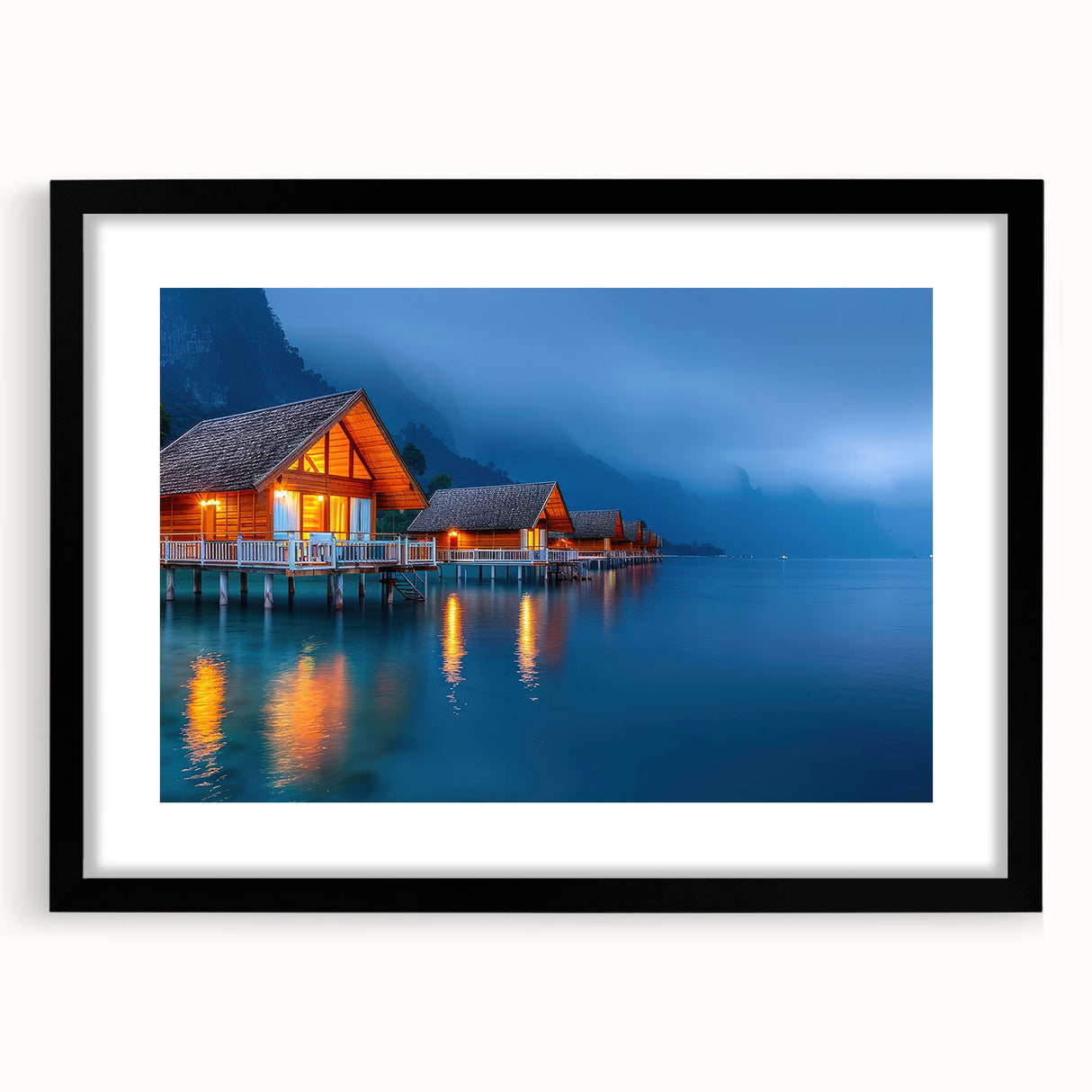Colorful abstract art print of a Tahitian landscape on textured canvas, framed in black, ideal for living room decor.