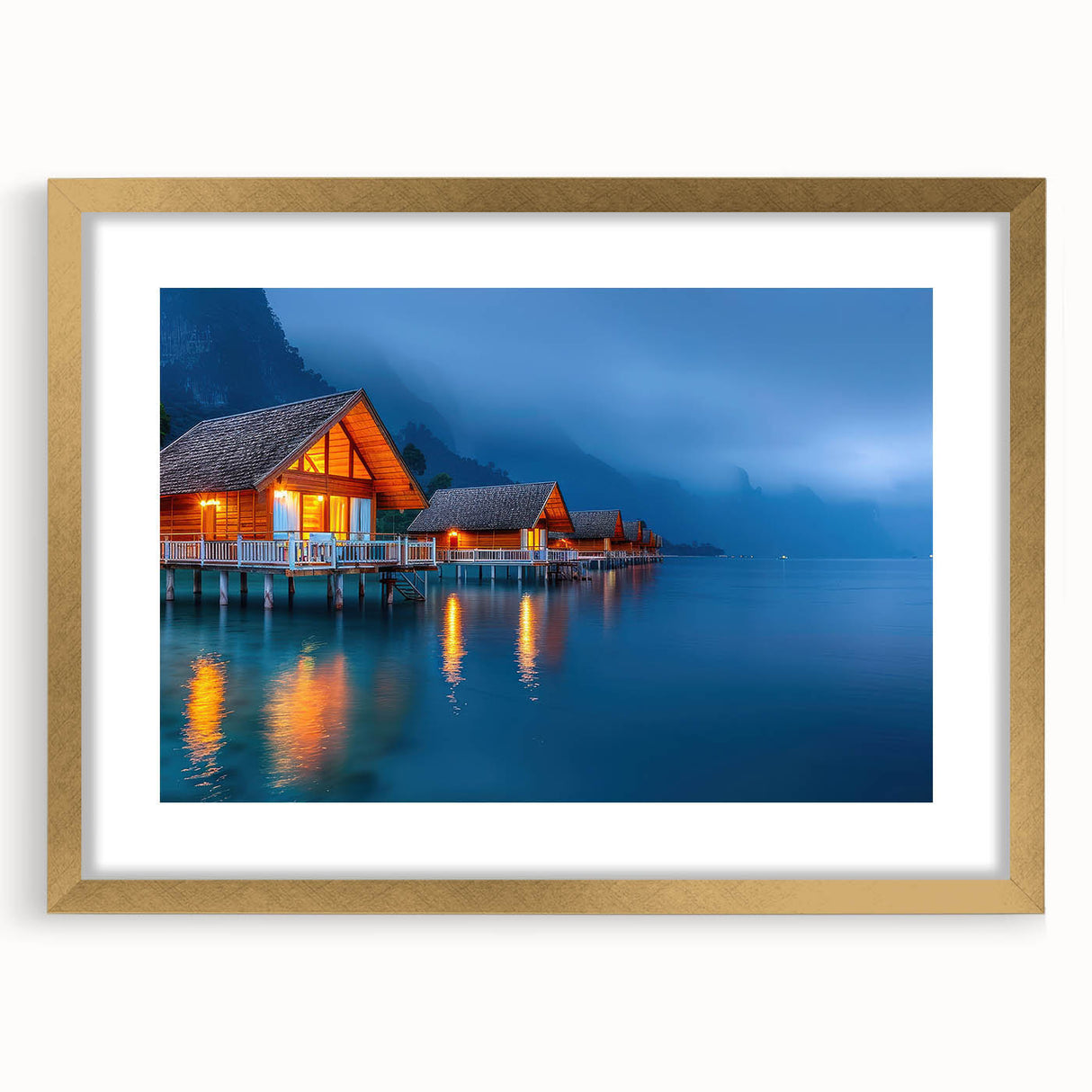 Extra large abstract art print of a Tahitian ocean scene in vibrant blue tones, framed in gold, ideal for living room decor.