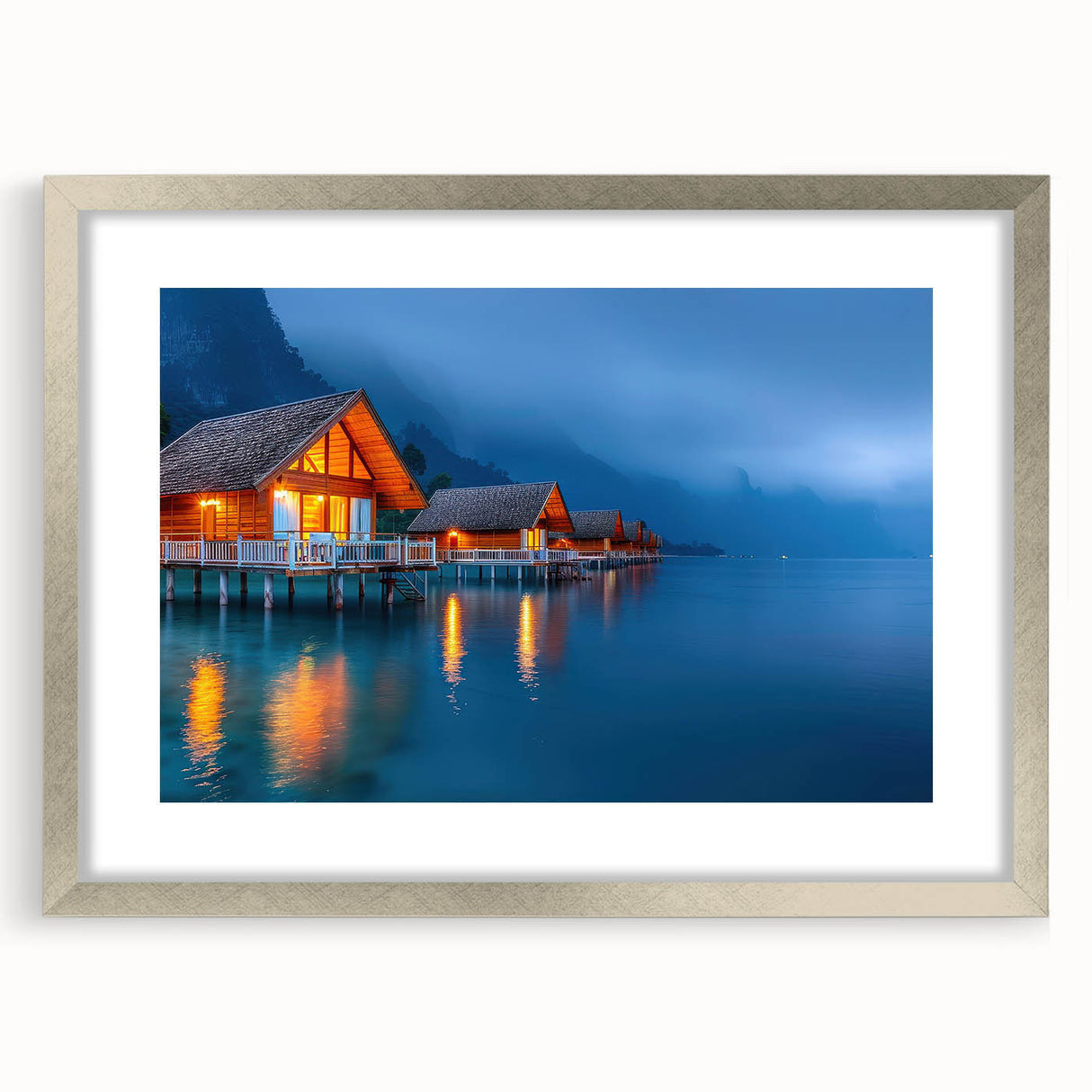 Textured abstract art print of a Polynesian seascape in blue and green hues, framed in silver, ideal for bedroom wall decor.