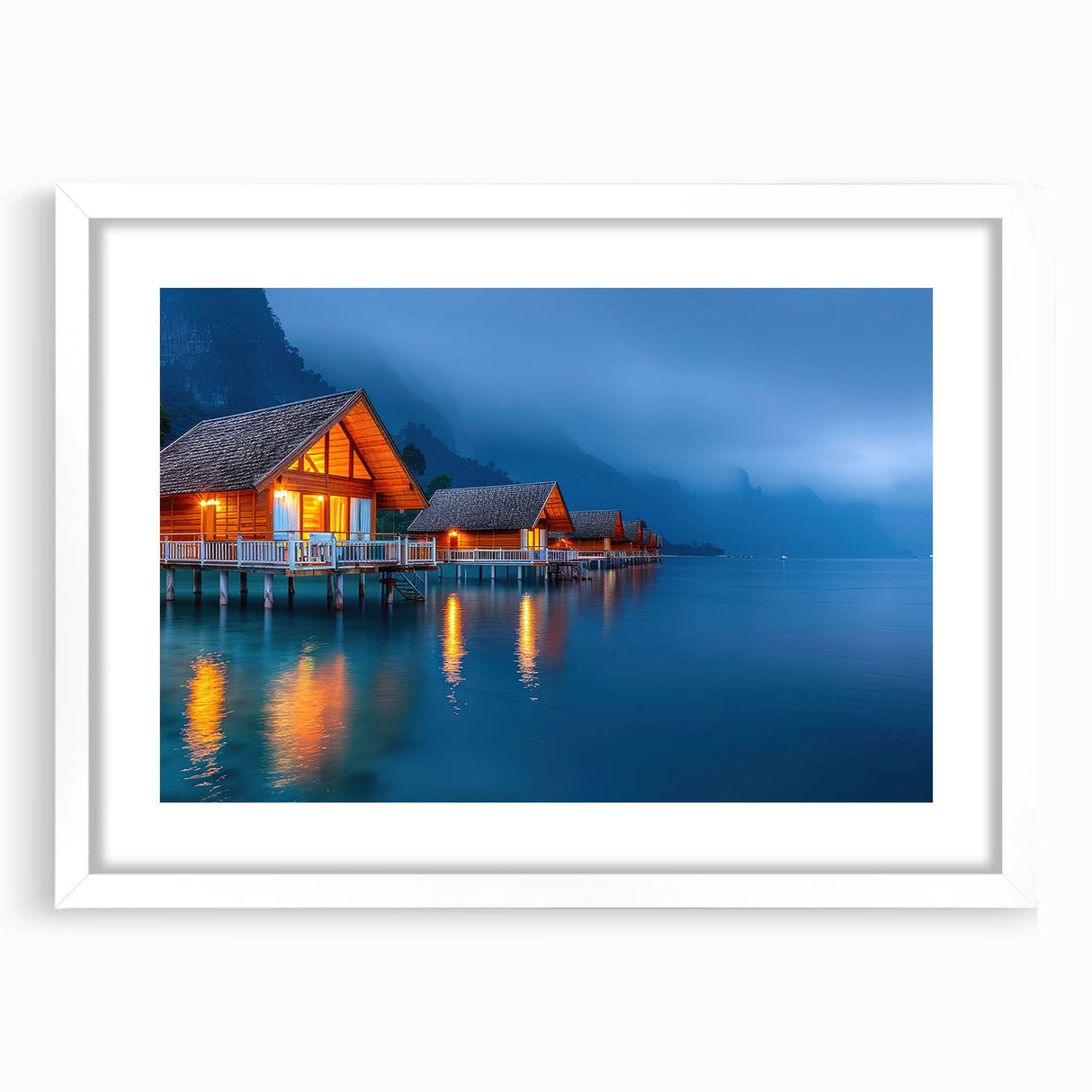 Abstract art print of a serene Tahitian landscape in muted blue and green tones on a framed canvas.
