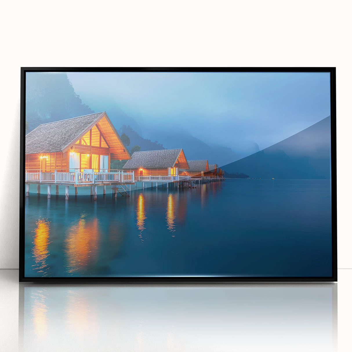 Large abstract wall art depicting a serene Tahitian landscape in muted blue and green tones, framed in black acrylic.