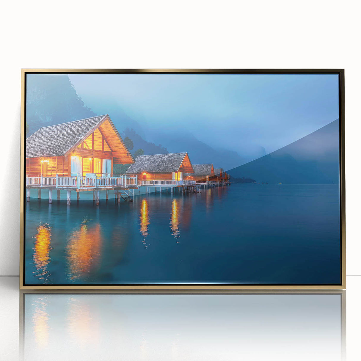 Framed acrylic print of Tahiti scenery with lush greenery and ocean, in mid-century modernist style.
