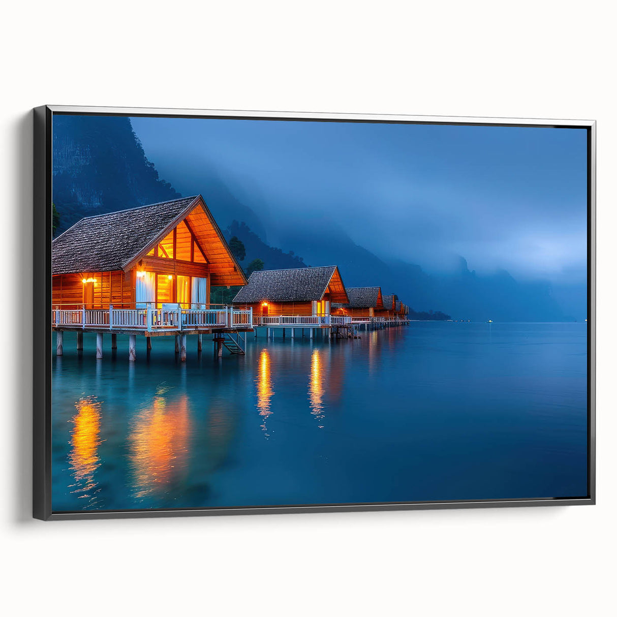 Black and white framed canvas of a Tahitian landscape, ideal for bedroom wall art in vintage poster style.