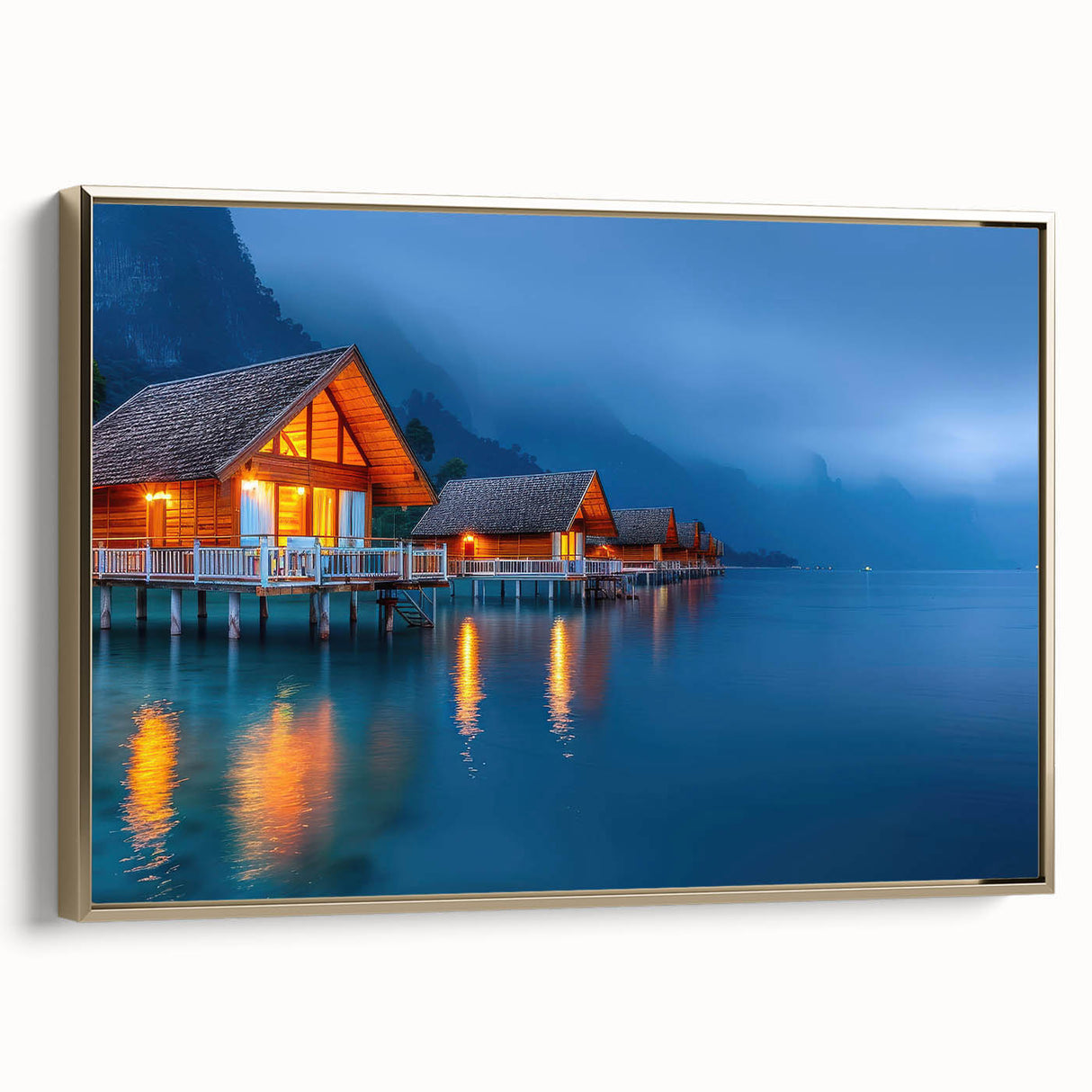 Framed canvas featuring a vintage-style landscape of Tahiti with lush greenery and ocean, in muted green and blue tones.