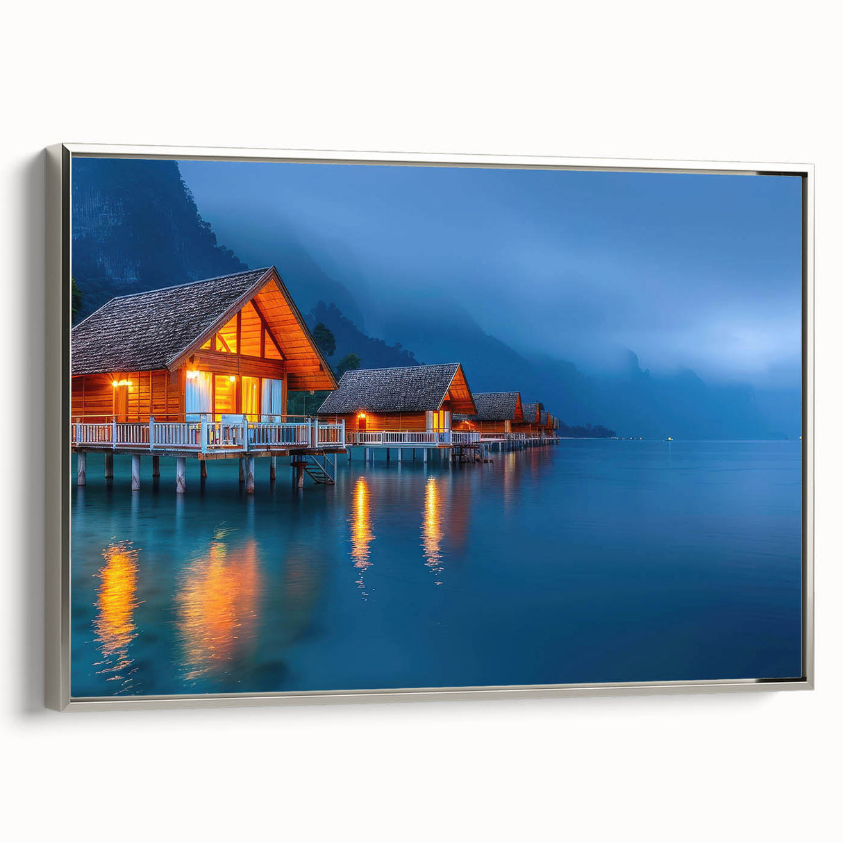 Framed canvas landscape art painting featuring a vintage-style Tahitian scene with vibrant colors on a black background.