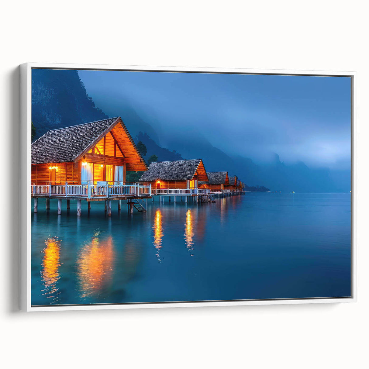Vintage poster art of Tahitian scenery in vibrant colors on extra-large framed canvas, ideal for living room decor.