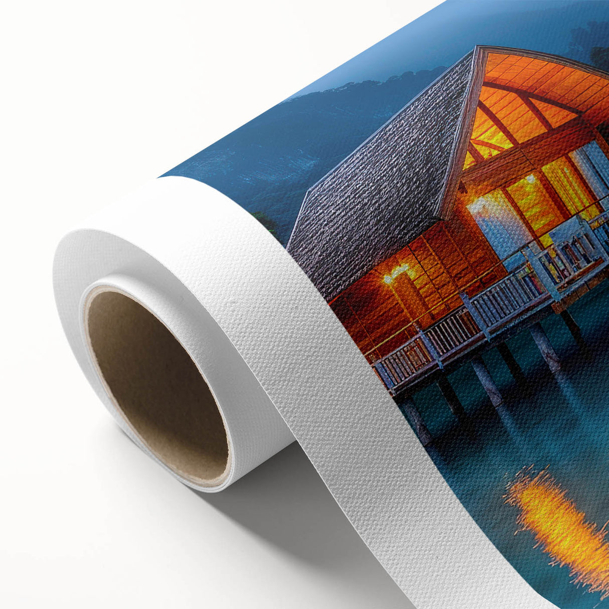 Art Deco-style poster of a serene Tahitian landscape on rolled canvas, featuring soft pastel colors.
