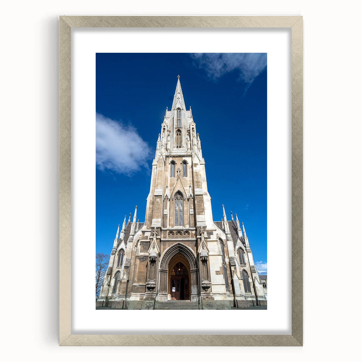 Textured abstract art print depicting Otago, New Zealand, in silver frame with mat, using cool blue and gray tones.