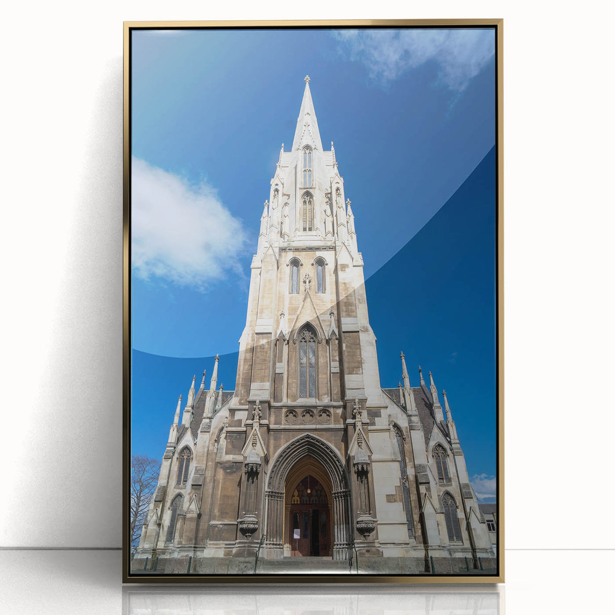 Large art print of Otago, New Zealand scenery in gold frame, featuring mid-century modernist style.