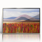 Mid-century modernist art of a Bolivian landscape in muted earth tones on a framed acrylic print.