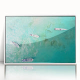 Acrylic print of a Colombian landscape in art deco style, with soft pastel colors, framed in white.