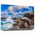 Acrylic print of a Galapagos landscape with vivid blue and green tones, suitable for bedroom or dining room decor.
