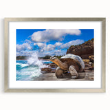 Textured abstract art print depicting a vibrant, colorful Galapagos scenery on a silver-framed mat, ideal for bedroom art.