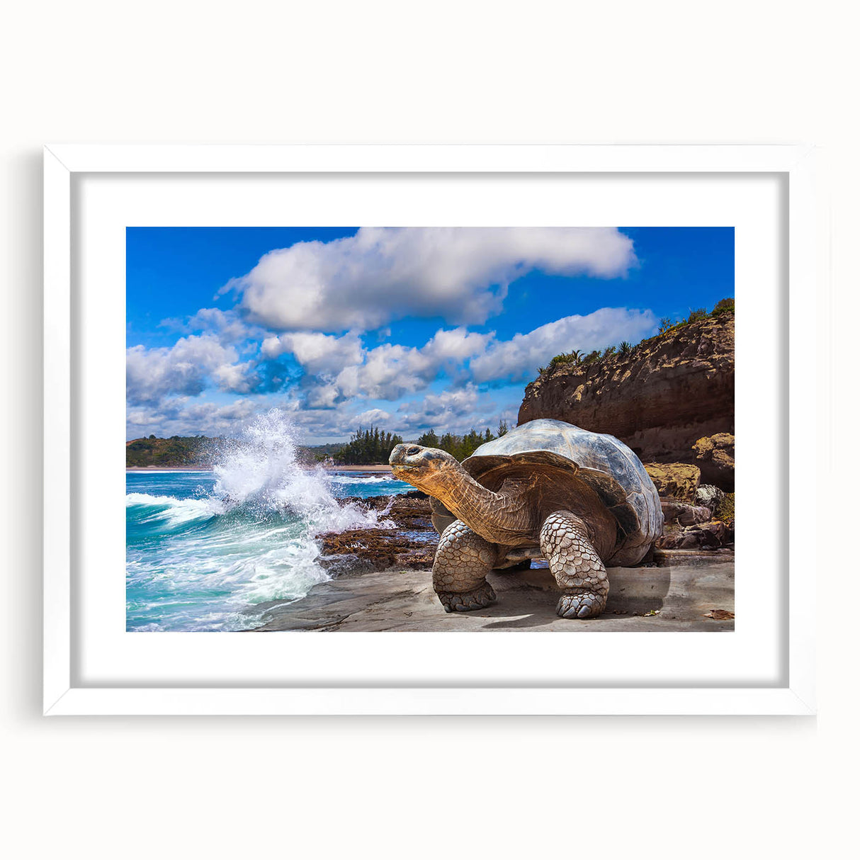 Abstract art print of Galapagos scenery in muted earth tones on a white-framed canvas, suitable for dining room decor.