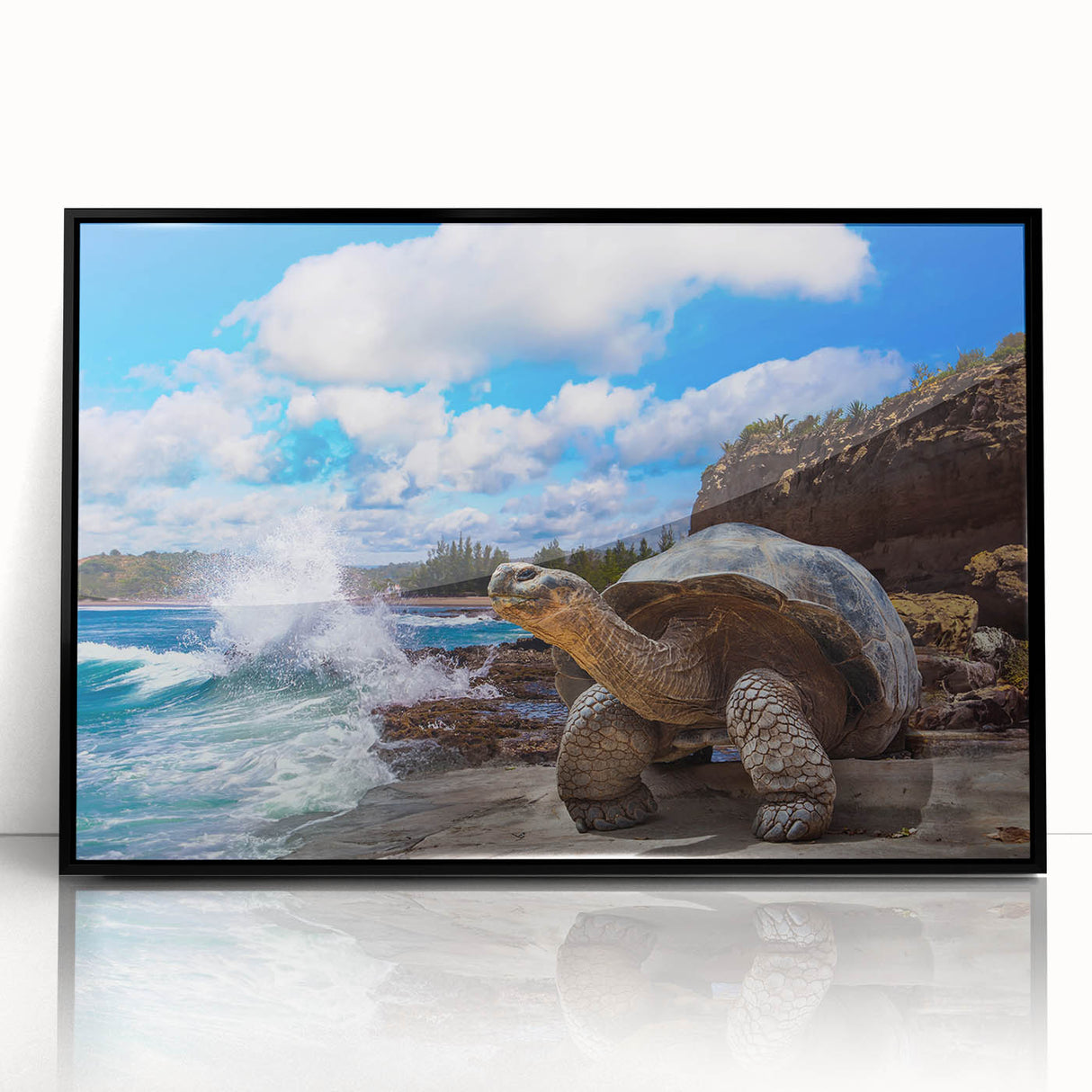Large abstract wall art depicting a vibrant Galapagos scenery on a framed acrylic, ideal for modern living room decor.