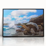 Large abstract wall art depicting a vibrant Galapagos scenery on a framed acrylic, ideal for modern living room decor.