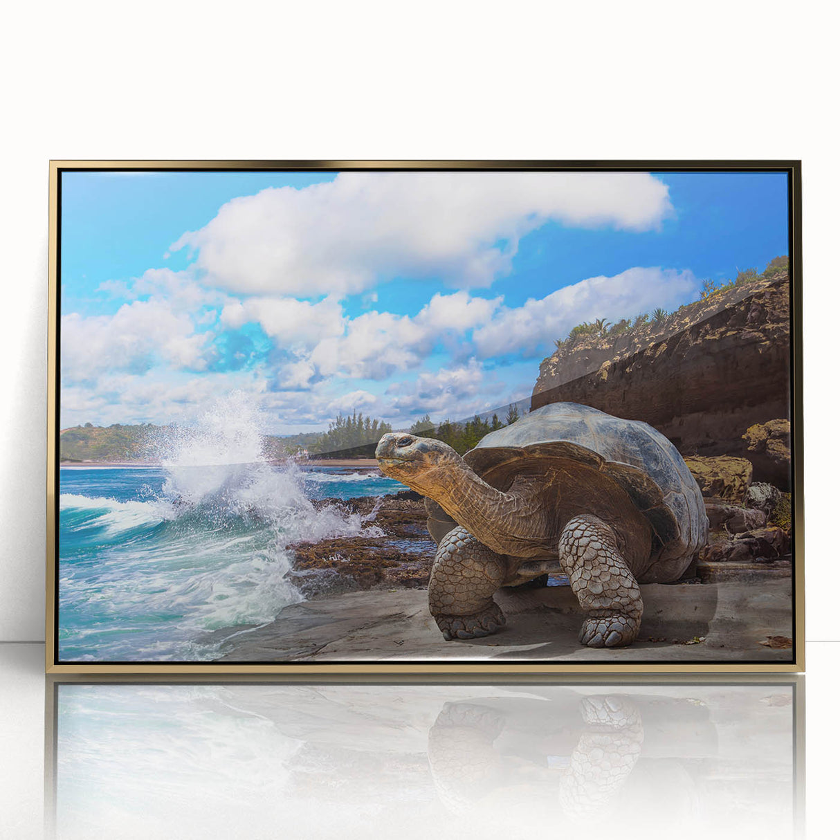 Large art print of a Galapagos scenery in mid-century modernist style.