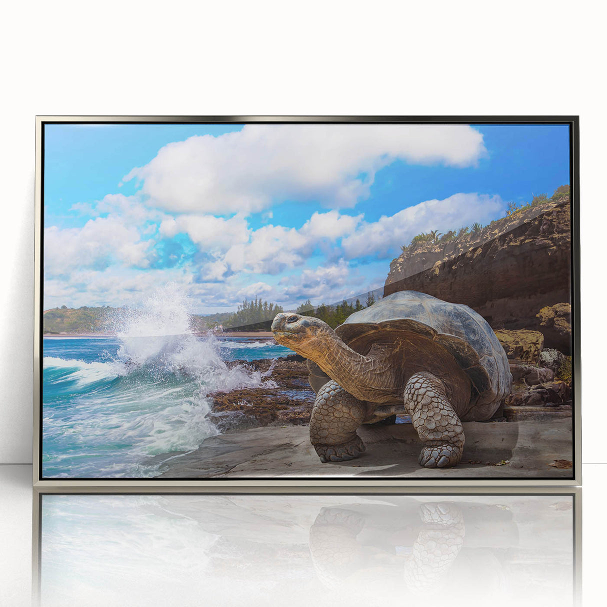 Mid-century modernist art depicting Galapagos scenery in muted earth tones on a silver-framed acrylic print.